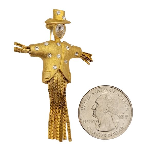 Gold Tone Clear Rhinestone Scarecrow Chain Fringe Dangle Brooch K576 - Picture 6 of 8